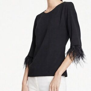 NWT Ann Taylor Black Blouse 3/4 sleeves w/Thistle feather Trim Size 4